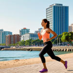 **Image Prompt:** A vibrant coastal city scene with people actively engaged in healthy activities like jogging on the beach, practicing yoga in a park, and cycling along the waterfront. In the background, modern buildings blend with the natural beauty, symbolizing a focus on personal well-being amidst urban life. A smart watch is subtly visible on someone's wrist.