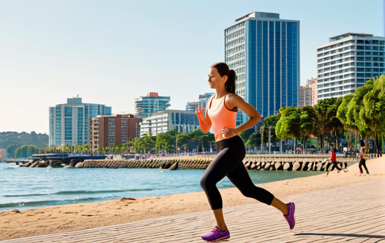 **Image Prompt:** A vibrant coastal city scene with people actively engaged in healthy activities like jogging on the beach, practicing yoga in a park, and cycling along the waterfront. In the background, modern buildings blend with the natural beauty, symbolizing a focus on personal well-being amidst urban life. A smart watch is subtly visible on someone's wrist.