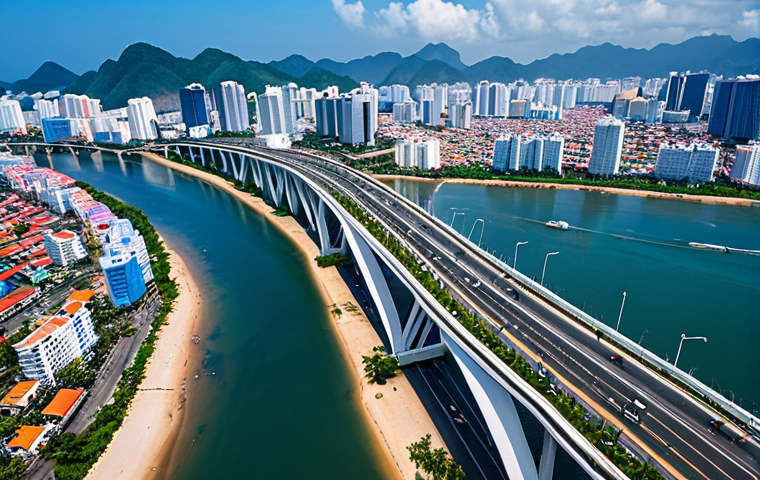 **
A vibrant aerial view of Da Nang, Vietnam, showcasing modern bridges spanning the Han River, pristine beaches, and a bustling cityscape with friendly locals. The image should evoke a sense of dynamism, livability, and sustainable urban development. Focus on modern architecture blended with natural beauty.
**