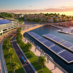 **

A vibrant, modern coastal city at sunset. Focus on sustainable architecture with green spaces, solar panels, and a smart transportation system including electric buses and bike lanes. Show people enjoying the waterfront, with sailboats in the harbor and a clean, well-maintained beach. The overall feeling should be aspirational and environmentally friendly.

**