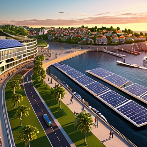 Home 7 **
A vibrant, modern coastal city at sunset. Focus on sustainable architecture with green spaces, solar panels, and a smart transportation system including electric buses and bike lanes. Show people enjoying the waterfront, with sailboats in the harbor and a clean, well-maintained beach. The overall feeling should be aspirational and environmentally friendly.
**