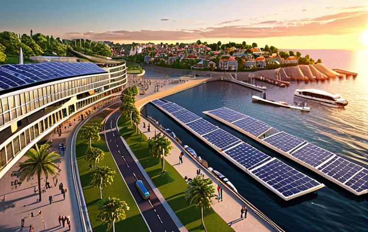 **
A vibrant, modern coastal city at sunset. Focus on sustainable architecture with green spaces, solar panels, and a smart transportation system including electric buses and bike lanes. Show people enjoying the waterfront, with sailboats in the harbor and a clean, well-maintained beach. The overall feeling should be aspirational and environmentally friendly.
**