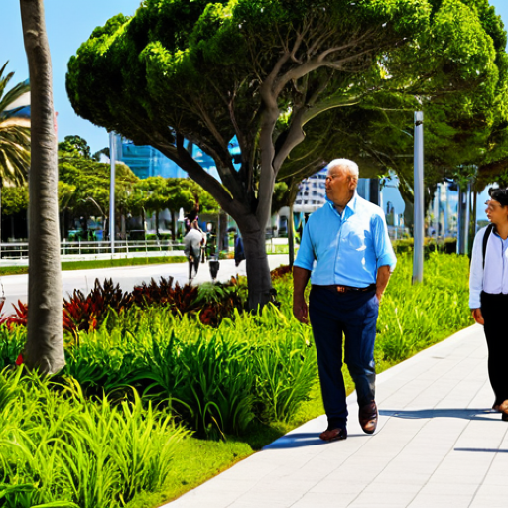 A vibrant, thriving coastal city integrating abundant green spaces and eco-friendly architecture. Lush parks with diverse native plants, clean, tree-lined streets, and modern, sustainably designed buildings are prominent. Individuals in modest, professional attire are seen enjoying the serene public areas, walking or relaxing, reflecting a healthy urban lifestyle. The ocean coastline is visible in the background under a clear, bright sky, emphasizing harmony between human development and nature. professional photography, high resolution, soft natural light, vibrant colors, fully clothed, appropriate attire, safe for work, appropriate content, family-friendly, perfect anatomy, correct proportions, natural pose, well-formed hands, proper finger count, natural body proportions.