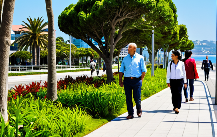 A vibrant, thriving coastal city integrating abundant green spaces and eco-friendly architecture. Lush parks with diverse native plants, clean, tree-lined streets, and modern, sustainably designed buildings are prominent. Individuals in modest, professional attire are seen enjoying the serene public areas, walking or relaxing, reflecting a healthy urban lifestyle. The ocean coastline is visible in the background under a clear, bright sky, emphasizing harmony between human development and nature. professional photography, high resolution, soft natural light, vibrant colors, fully clothed, appropriate attire, safe for work, appropriate content, family-friendly, perfect anatomy, correct proportions, natural pose, well-formed hands, proper finger count, natural body proportions.