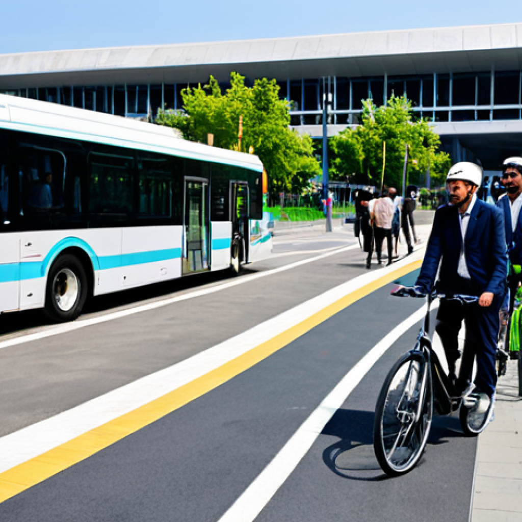 A diverse group of people, fully clothed in modest professional attire, utilizing various forms of modern, eco-friendly transportation within a bustling, clean coastal city. The scene features an electric bus pulling into a sleek station, alongside a modern electric ferry departing from a well-integrated waterside terminal. Green spaces and urban gardens are visible, enhancing the city's sustainable infrastructure. Pedestrians walk along clean, designated pathways, and bicycles are parked at a sharing station. The atmosphere is vibrant and efficient, showcasing a seamless multi-modal transport system. Professional photography, high quality, natural light, perfect anatomy, correct proportions, well-formed hands, proper finger count, natural body proportions, safe for work, appropriate content, fully clothed, family-friendly.