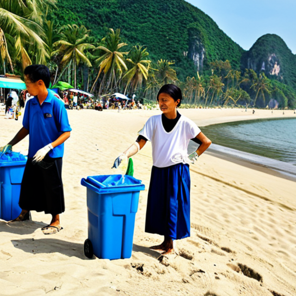 **

A community beach cleanup in progress, showcasing diverse people wearing appropriate attire, fully clothed, collecting trash on a sunny beach in Vietnam. Palm trees and clear blue water are visible in the background.  Safe for work, appropriate content, family-friendly, perfect anatomy, natural proportions, professional photography, high quality.

**