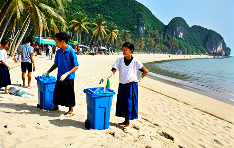 **

A community beach cleanup in progress, showcasing diverse people wearing appropriate attire, fully clothed, collecting trash on a sunny beach in Vietnam. Palm trees and clear blue water are visible in the background.  Safe for work, appropriate content, family-friendly, perfect anatomy, natural proportions, professional photography, high quality.

**