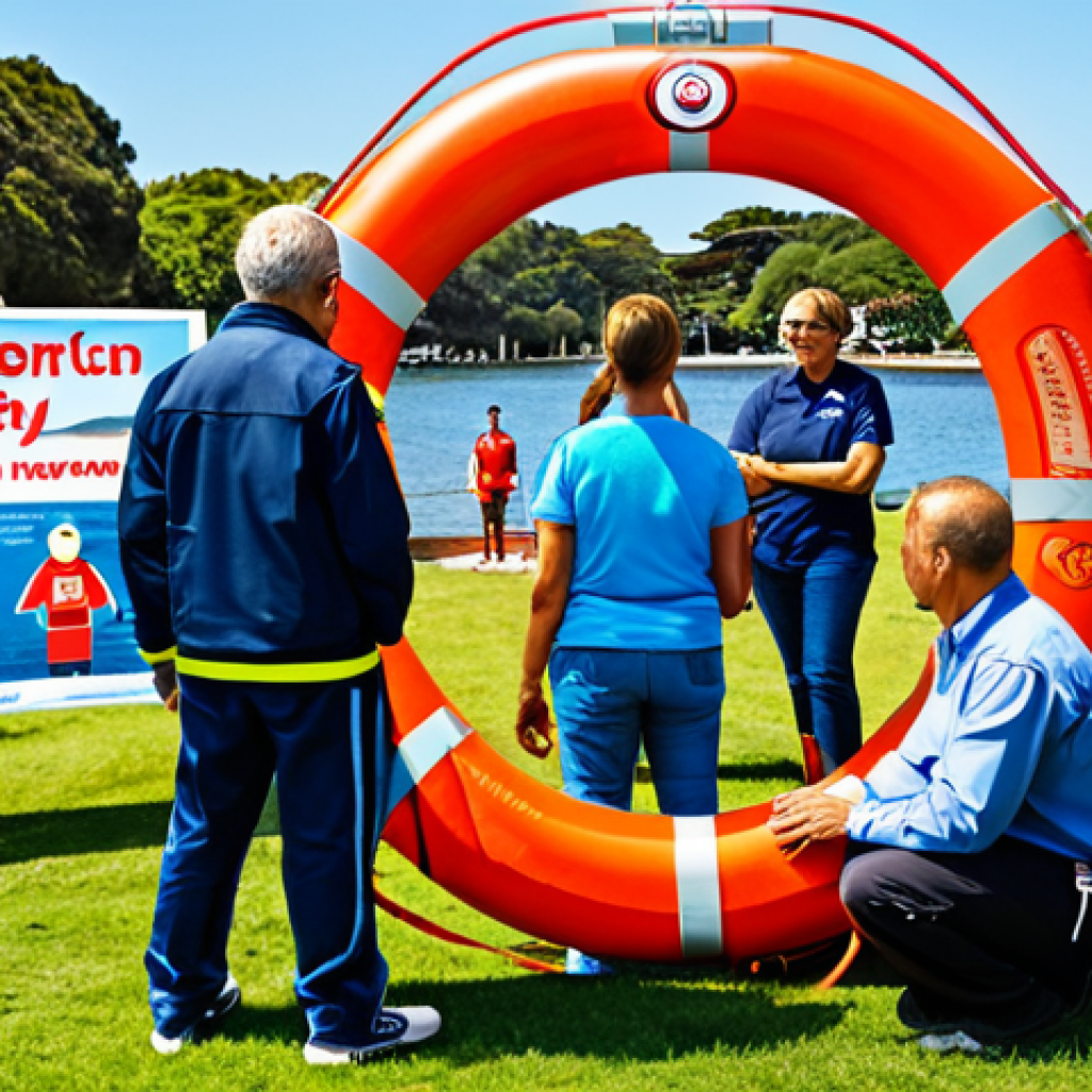 Community Awareness**

"A diverse group of fully clothed people attending a coastal safety workshop in a bright, sunny park. A lifeguard demonstrates how to use a lifebuoy. Banners in the background promote water safety tips. Safe for work, appropriate content, family-friendly, perfect anatomy, natural proportions, professional illustration, high quality."

**