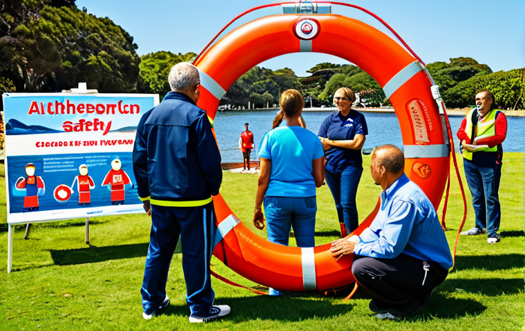 Community Awareness**
"A diverse group of fully clothed people attending a coastal safety workshop in a bright, sunny park. A lifeguard demonstrates how to use a lifebuoy. Banners in the background promote water safety tips. Safe for work, appropriate content, family-friendly, perfect anatomy, natural proportions, professional illustration, high quality."
**