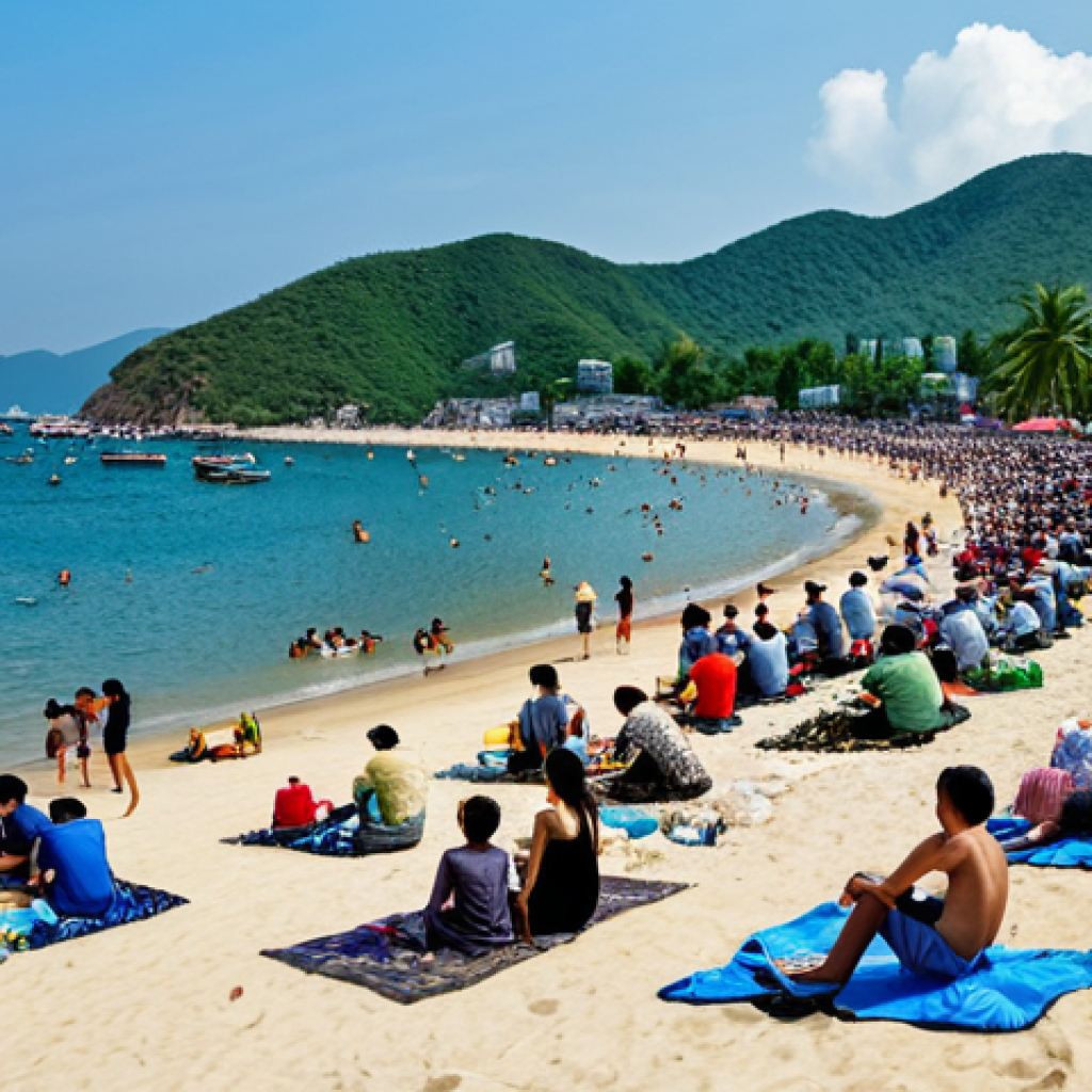 Overcrowded Beach Scene**

"A crowded beach in Nha Trang, Vietnam, during a holiday weekend, showing many tourists enjoying the water and sand, some litter visible, fully clothed, appropriate content, safe for work, natural proportions, professional photography, family-friendly"

**