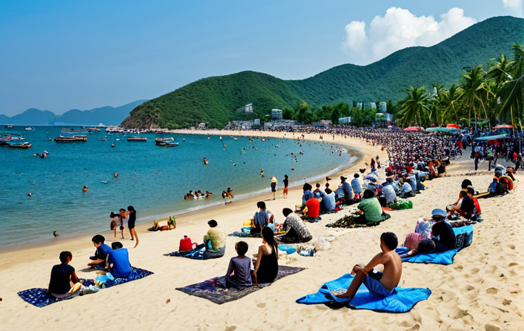 Overcrowded Beach Scene**
"A crowded beach in Nha Trang, Vietnam, during a holiday weekend, showing many tourists enjoying the water and sand, some litter visible, fully clothed, appropriate content, safe for work, natural proportions, professional photography, family-friendly"
**