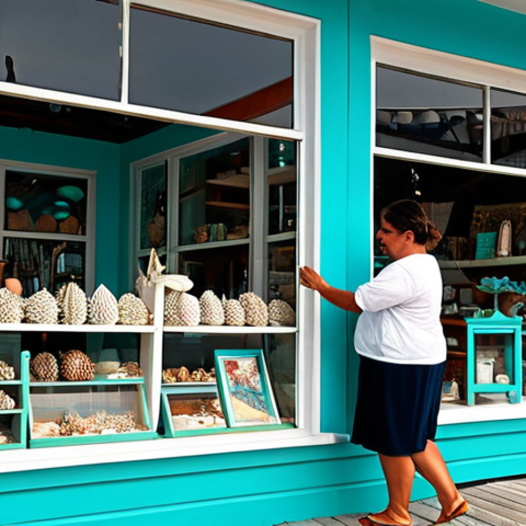 해양 도시의 유통 및 상업 공간 설계 - Inviting Beachfront Storefront**

"A fully clothed woman browsing a beachside souvenir shop. The sho...