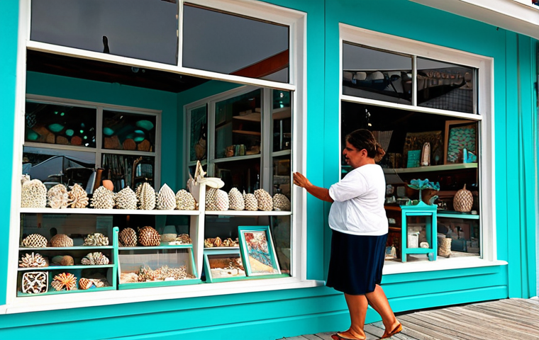 해양 도시의 유통 및 상업 공간 설계 - Inviting Beachfront Storefront**
"A fully clothed woman browsing a beachside souvenir shop. The sho...
