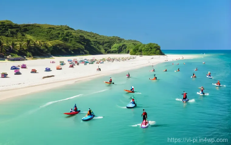 해양 도시의 해양 레저 산업 발전 방안 - **"A vibrant and active scene of diverse individuals engaging in new and exciting marine entertainme...