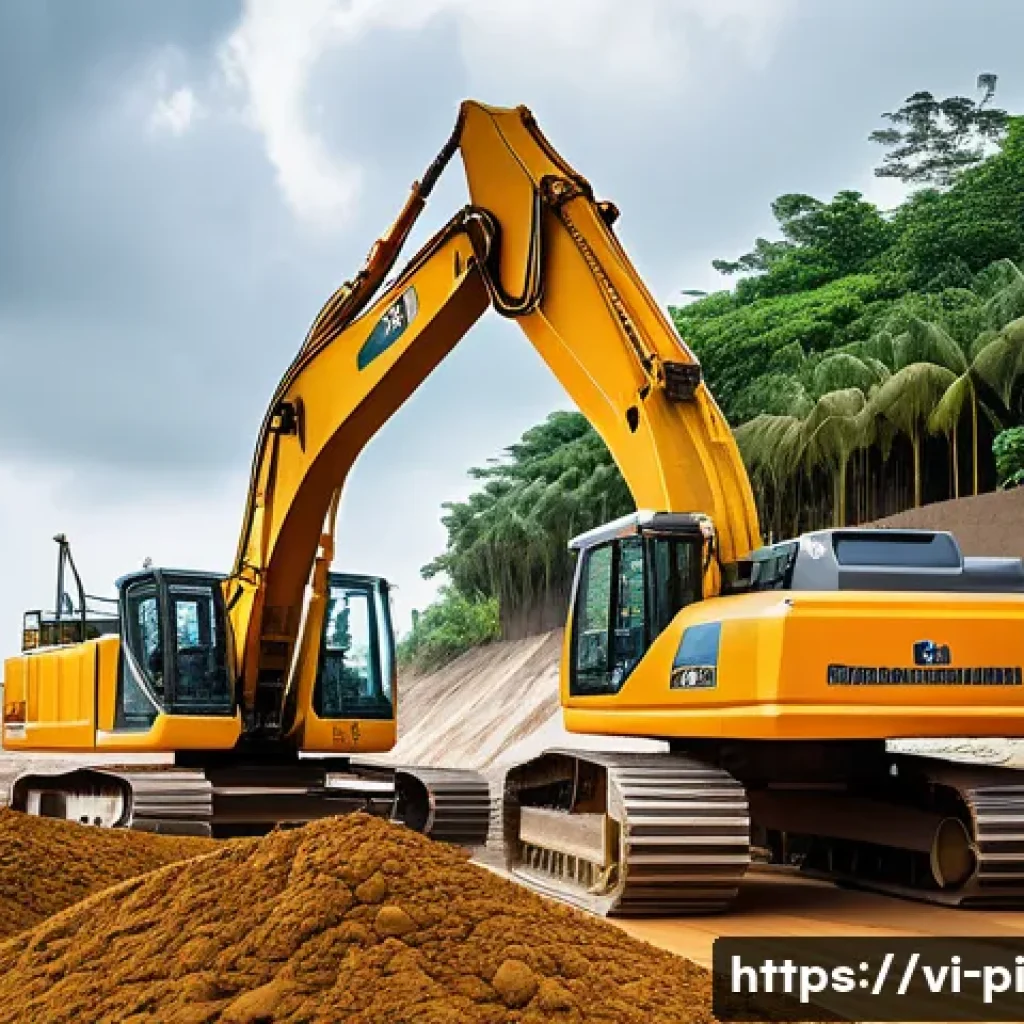 해양 도시 건설의 기술적 요구 사항 - A detailed coastal construction site in Vietnam showing advanced soil stabilization techniques on we...