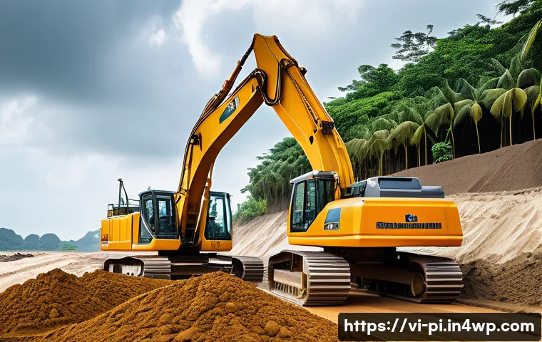 해양 도시 건설의 기술적 요구 사항 - A detailed coastal construction site in Vietnam showing advanced soil stabilization techniques on we...