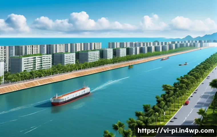 해양 도시 건설에 필요한 인프라 기술 동향 - A modern coastal cityscape in Vietnam featuring advanced smart flood defense infrastructure: reinfor...