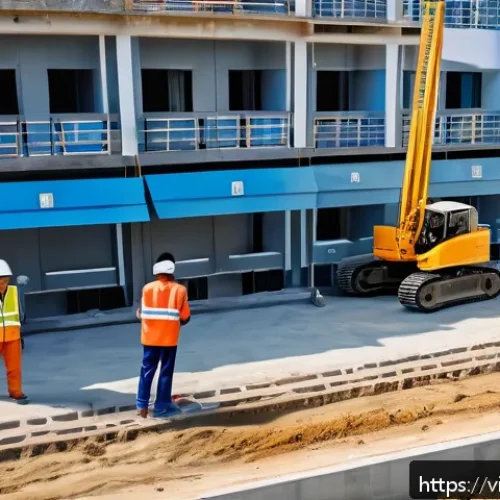 Home 33 해양 도시 건설에서의 프로젝트 예산 관리 - A detailed aerial view of a coastal city construction site in Vietnam, showcasing modern surveying d...