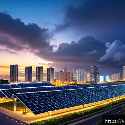 Home 32 해양 도시 건설에 필요한 기술 혁신 - A futuristic coastal cityscape in Vietnam at dusk featuring smart energy management systems: solar p...