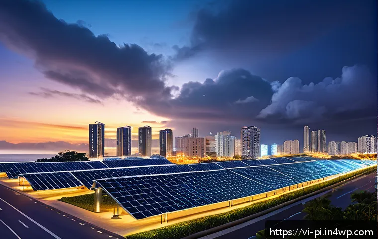 해양 도시 건설에 필요한 기술 혁신 - A futuristic coastal cityscape in Vietnam at dusk featuring smart energy management systems: solar p...