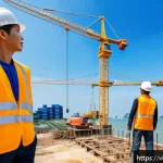 Home 19 해양 도시 건설을 위한 인력 교육 프로그램 - A modern coastal urban construction site in Vietnam featuring engineers and construction workers wea...