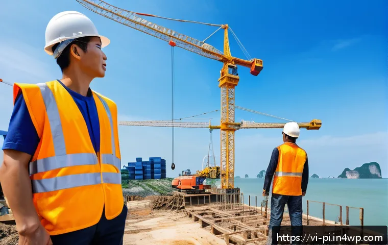 해양 도시 건설을 위한 인력 교육 프로그램 - A modern coastal urban construction site in Vietnam featuring engineers and construction workers wea...