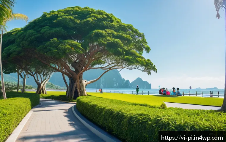 해양 도시의 국제적 사례 및 벤치마킹 - A vibrant coastal urban park in a Vietnamese city like Da Nang, showcasing a thoughtfully planned gr...