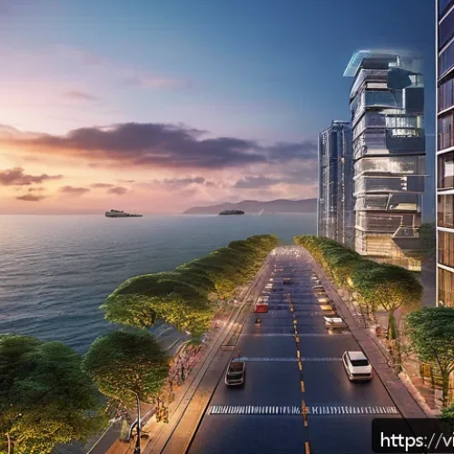 Home 17 해양 도시 건설의 국제 협력 사례 - A vibrant coastal smart city at sunset, featuring advanced IoT sensors and AI-driven control centers...