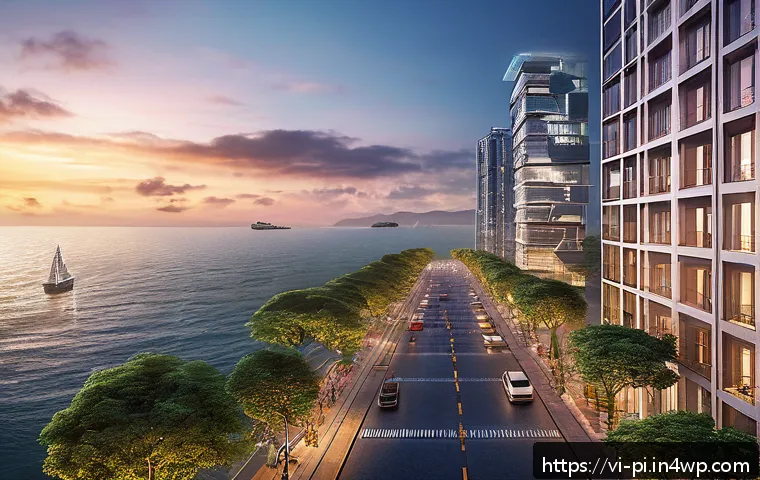 해양 도시 건설의 국제 협력 사례 - A vibrant coastal smart city at sunset, featuring advanced IoT sensors and AI-driven control centers...