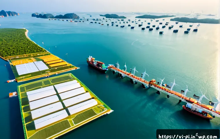 Home 17 해양 도시 건설을 위한 자금 조달 방법 - Photorealistic aerial view of a futuristic floating coastal city being developed in a calm tropical ...