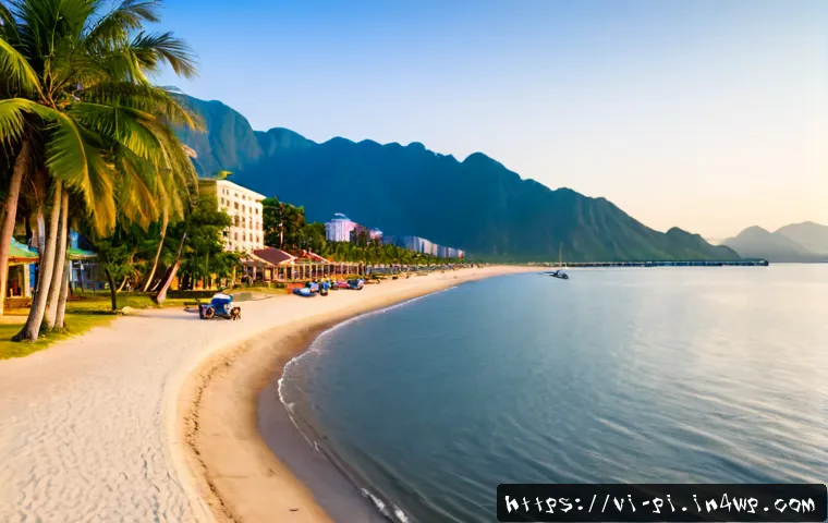 Home 17 해양 도시에서의 관광 산업 발전 - Photorealistic wide-angle view of Da Nang’s coastal tourism district at sunrise, modern beachfront h...